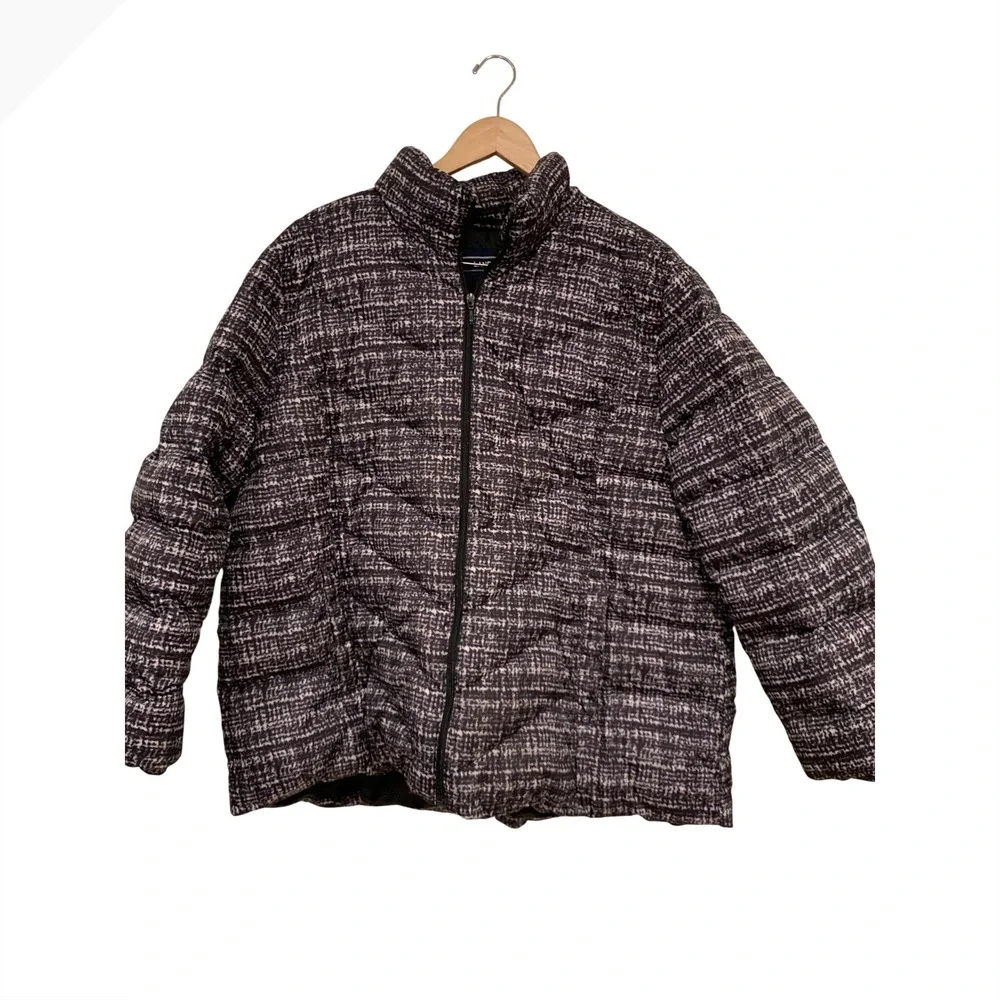 Lands End Womens 2X Puffer Jacket Black Gray Tweed Print Down Filled Quilted Zip - Picture 2 of 7
